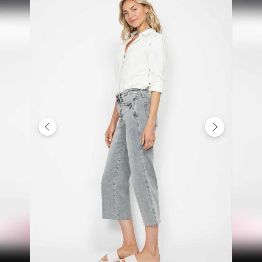 Judy Blue Mid Rise Tummy Control Raw Hem Wide Leg Crop Denim Jeans